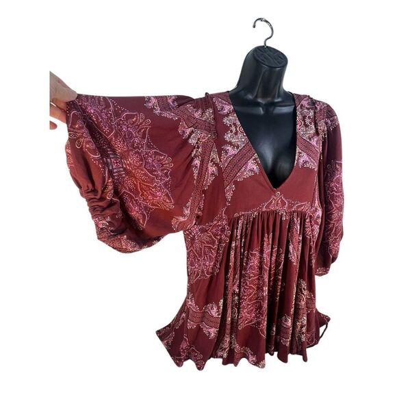 Free People Girl Talk Tunic Dress Red Paisley V-Neck Boho XS/TP‎ - Picture 6 of 11